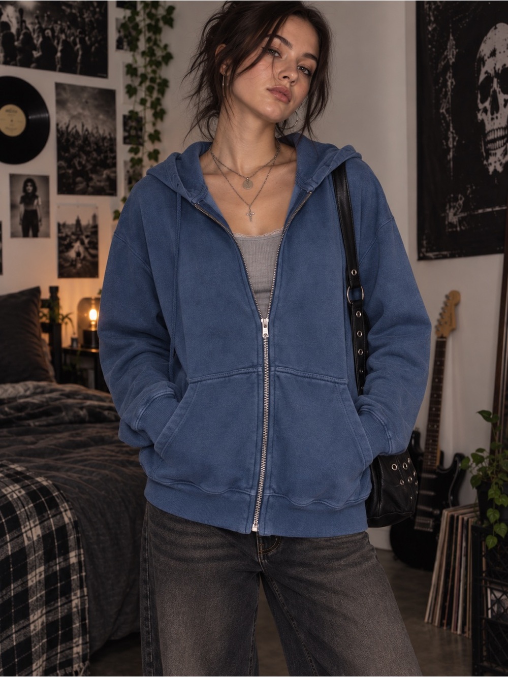 Hollister Oversized Zip Up Hoodie Washed Blue Casual Grunge